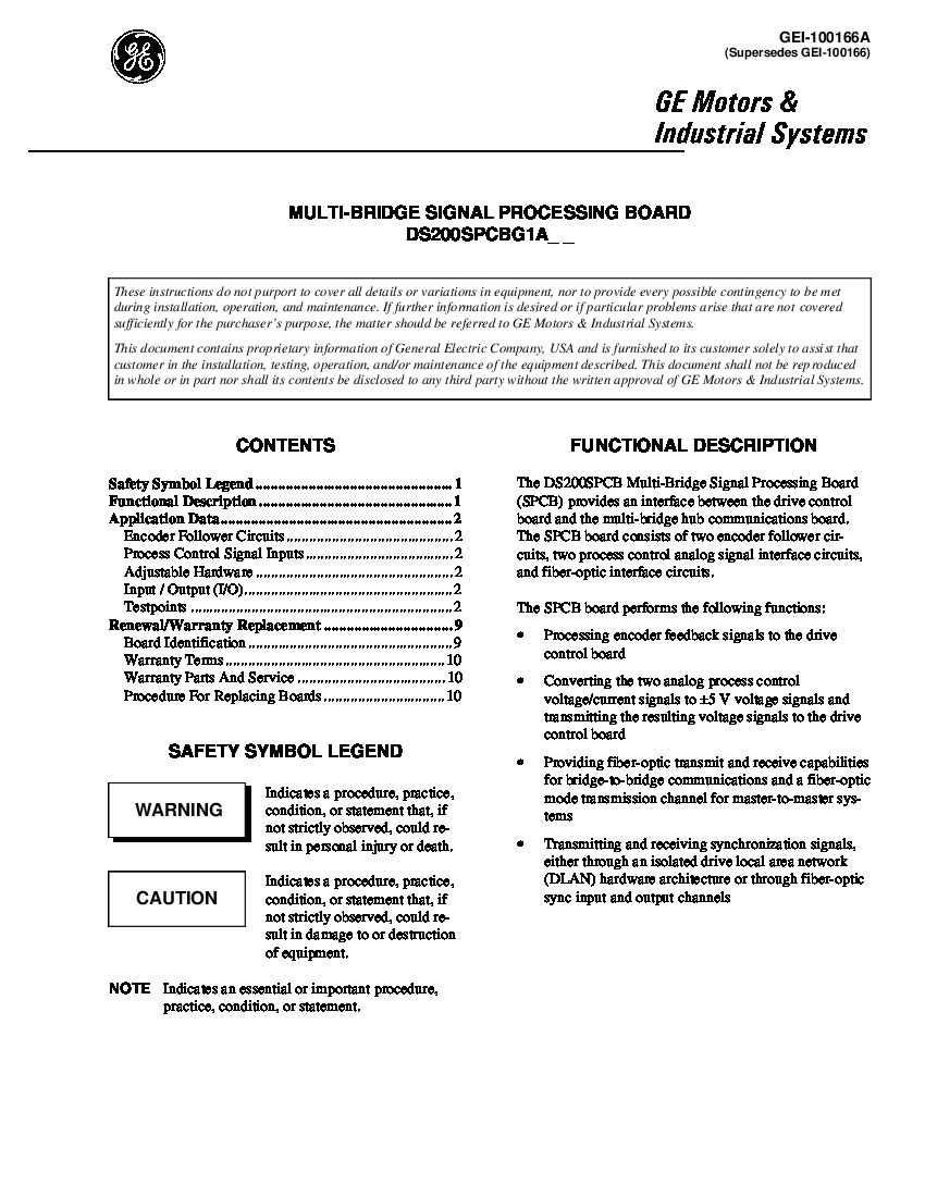 First Page Image of DS200SPCBG1A MultiBridge Signal Processing Board GEI-100166A.pdf